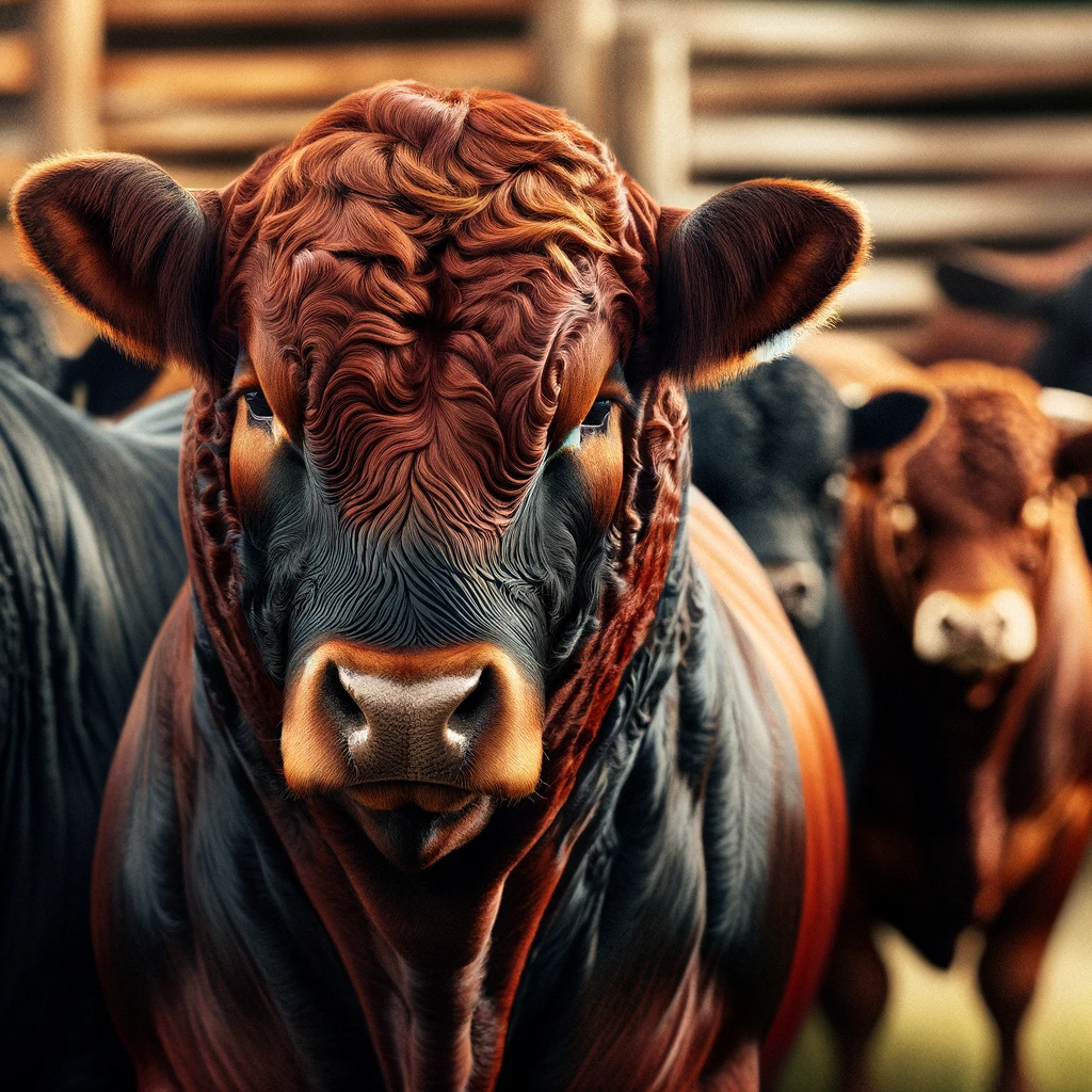 Brangus Cattle - A closeup view of Brangus cattle on a ranch. The cattle are strong and robust, with a mix of black and red coats, showcasing their muscular build and (2)