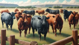 A detailed scene of Brangus cattle on a ranch. The cattle are strong and robust, with a mix of black and red coats, showcasing their muscular build. T (2)