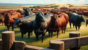 Brangus Cattle Directory - A detailed scene of Brangus cattle on a ranch. The cattle are strong and robust, with a mix of black and red coats, showcasing their muscular build. T (2)